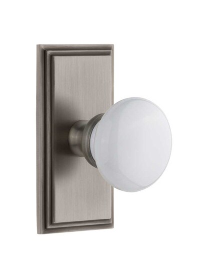 Grandeur Carre Rosette Door Set with Hyde Park White Porcelain Knobs in Antique Pewter.